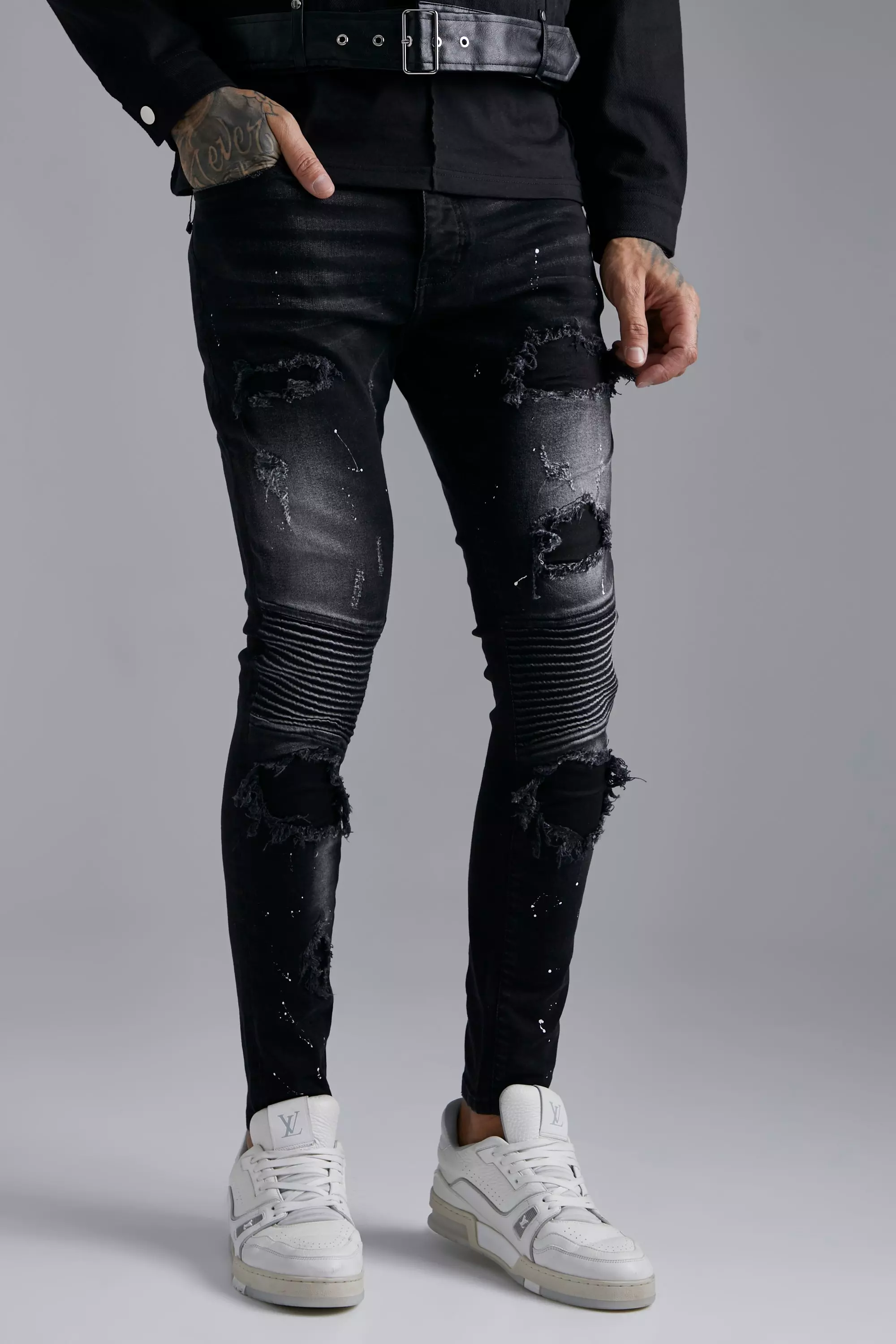 Ripped skinny 2024 biker jeans